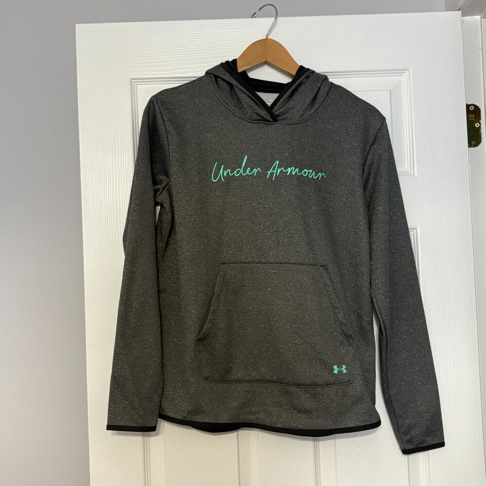 Under Armour Script Hoodie Womens Small Gray Teal Pullover Loose Fit
